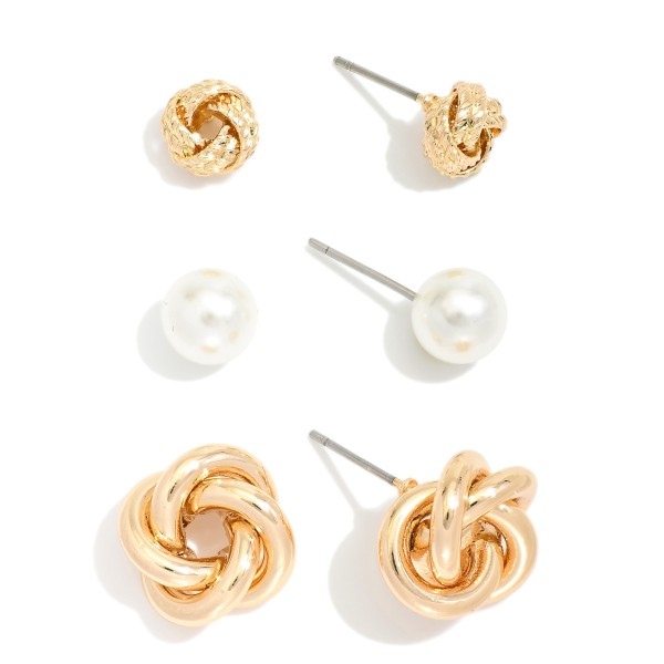 Wholesale set Three Stud Earrings Pearls Knotted Metal L