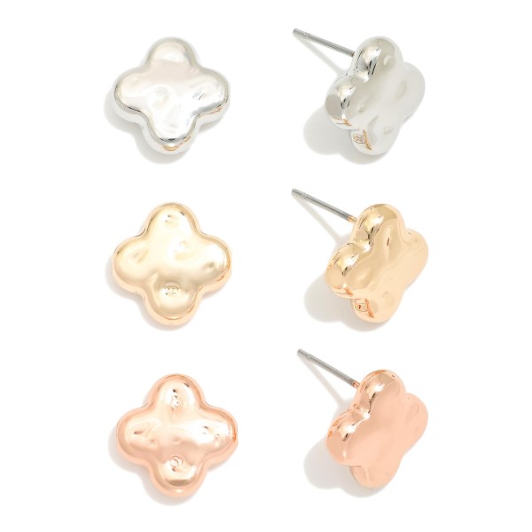 Wholesale set Three Hammered Metal Clover Stud Earrings L