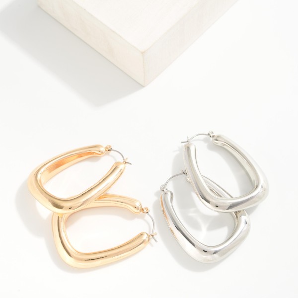 Chunky Metal Tone Rectangle Hoop Earrings 
- Approximately 1" D