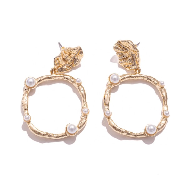 Wholesale textured Metal Hoop Post Drop Earrings Pearl Studded Details L