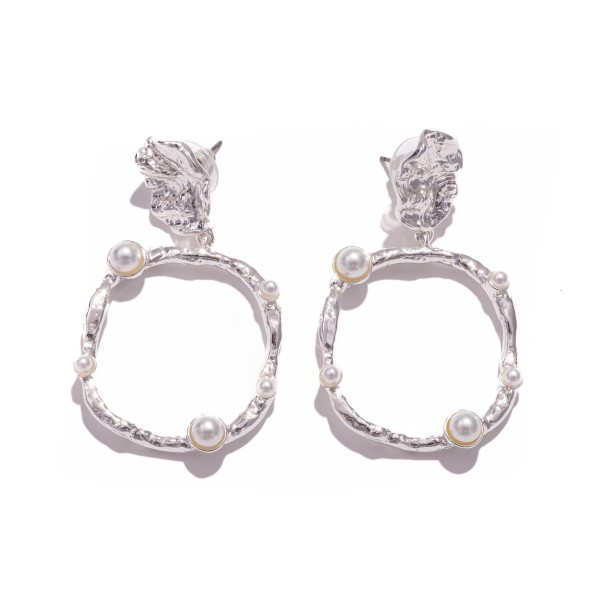 Wholesale textured Metal Hoop Post Drop Earrings Pearl Studded Details L