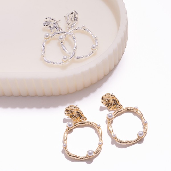 Textured Metal Hoop Post Drop Earrings Featuring Pearl Studded Details
- Approximately 2.25" L