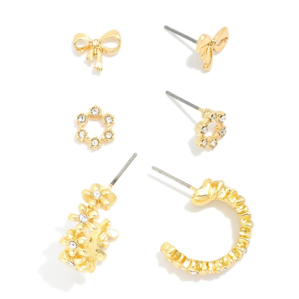 Wholesale set Three Stud Earrings Gold Tones Rhinestones L