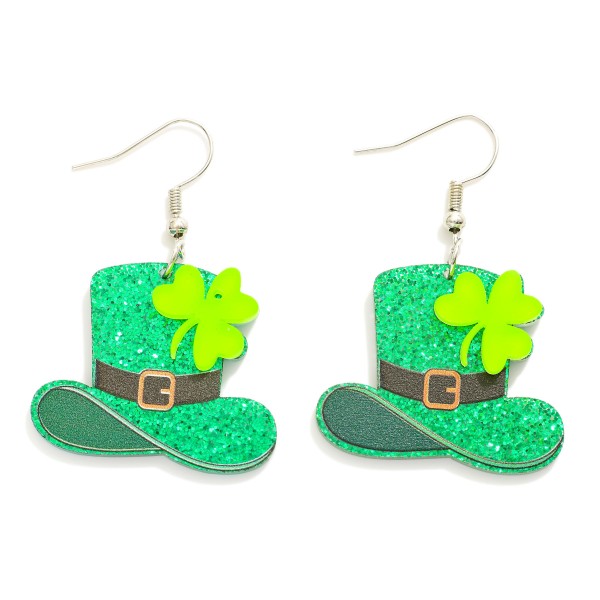 Wholesale glitter Acetate Leprechaun Hat Earrings Clover Accent L
