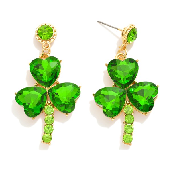 Rhinestone St. Patrick's Day Clover Post Drop Earrings 

- Approximately 2" L