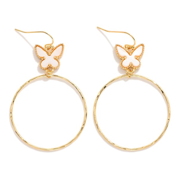 Wholesale hammered Metal Hoop Drop Earrings Butterfly Accent L