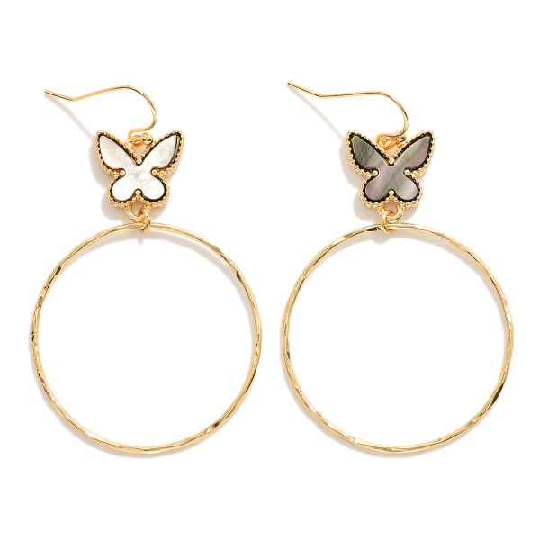 Wholesale hammered Metal Hoop Drop Earrings Butterfly Accent L