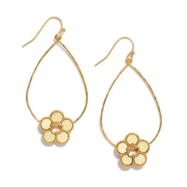 Wholesale hammered Metal Teardrop Drop Earrings Wooden Flower Accent L