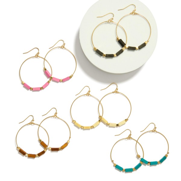 Metal Tone Hoop Drop Earrings Featuring Wooden Rectangle Beads
- Approximately 2" L