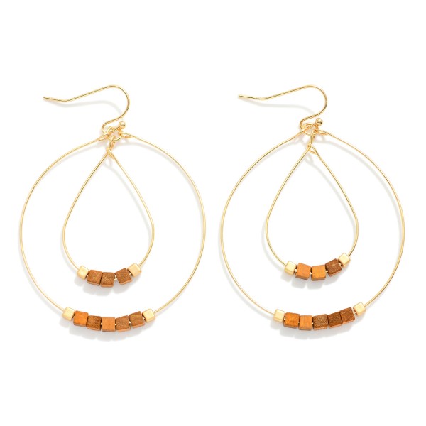 Wholesale simple Wire Hoop Drop Earrings Square Wood Beads Wood Bead Inner Teard