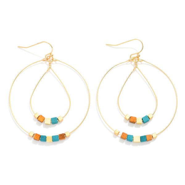 Wholesale simple Wire Hoop Drop Earrings Square Wood Beads Wood Bead Inner Teard