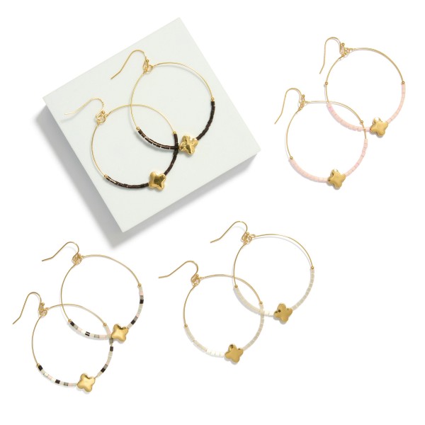 Beaded Hoop Drop Earrings Featuring Metal Tone Clover Accent
- Approximately 2" L