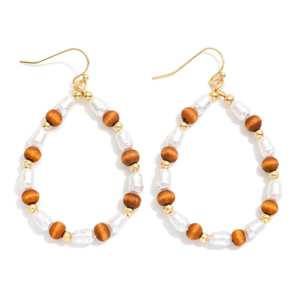 Wholesale teardrop Drop Earrings Wood Beads Pearl Gold Bead Stations L