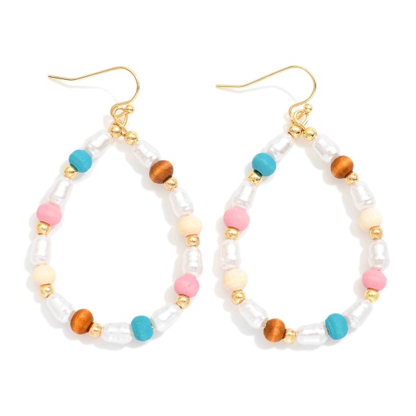 Wholesale teardrop Drop Earrings Wood Beads Pearl Gold Bead Stations L