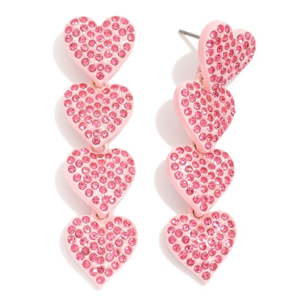 Linked Painted Metal Pave Rhinestone Hearts Post Drop Earrings 

- Approximately 2" L
