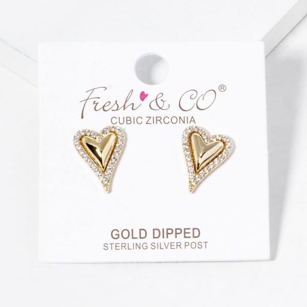 Wholesale metal Heart Stud Earrings Cubic Zirconia Accents Gold Dipped L