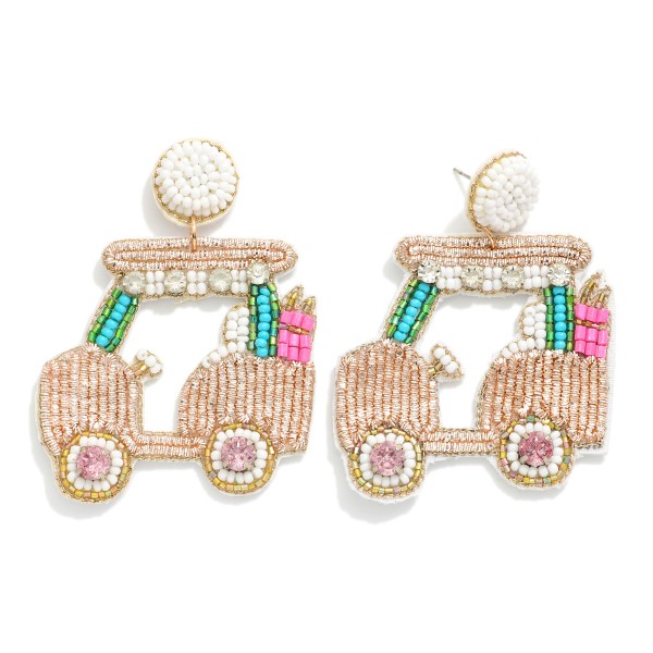 Wholesale felt Seed Beaded Golf Cart Post Drop Earring Metallic Thread Rhineston