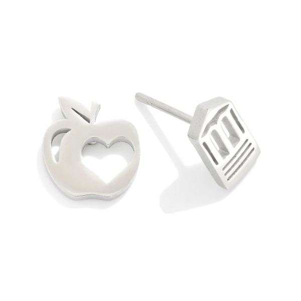 Metal Tone Apple & Pencil Stud Earrings 

- Approximately .25" L