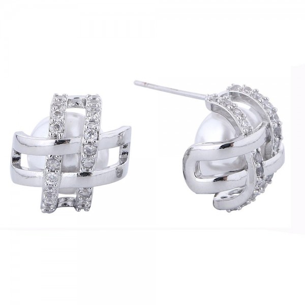 Wholesale do Everything Love Pearl Stud Earrings Cubic Zirconia Double Criss Cro