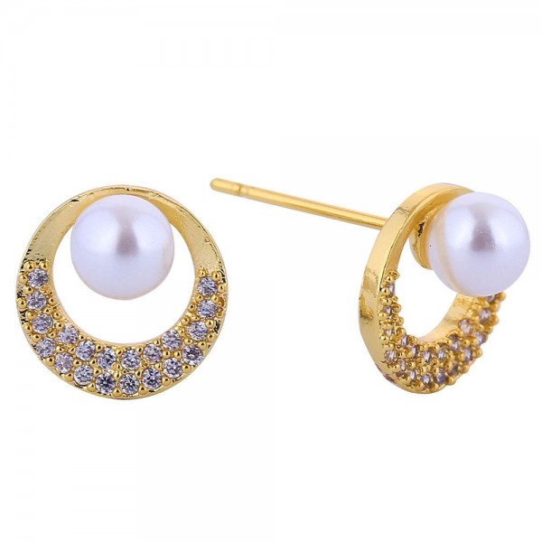 Wholesale do Everything Love Pearl Stud Earrings Cubic Zirconia Tapered Hoop Det