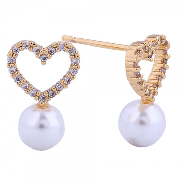 Wholesale do Everything Love Cubic Zirconia Heart Pearl Post Drop Earrings L Gol
