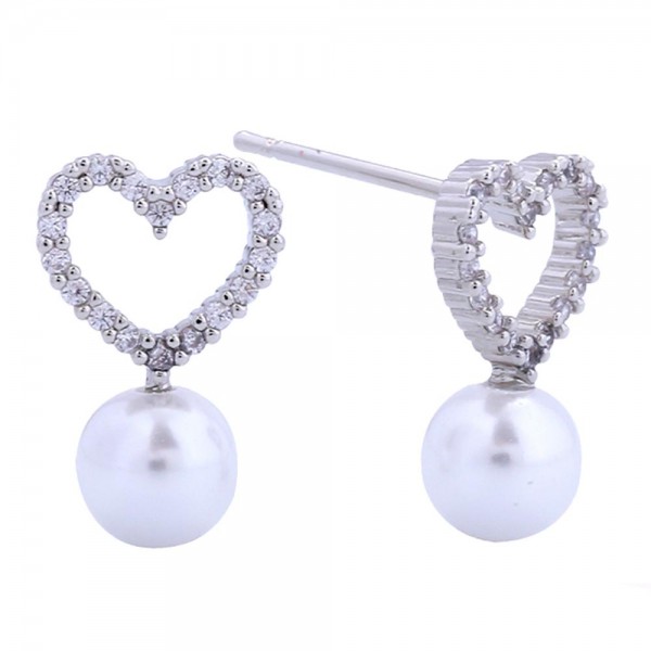 Wholesale do Everything Love Cubic Zirconia Heart Pearl Post Drop Earrings L Gol