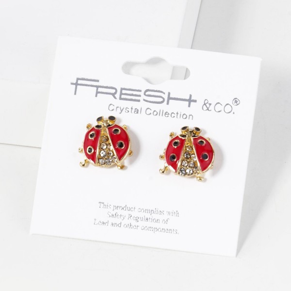 Wholesale enamel Lady Bug Stud Earrings Rhinestone Accents L
