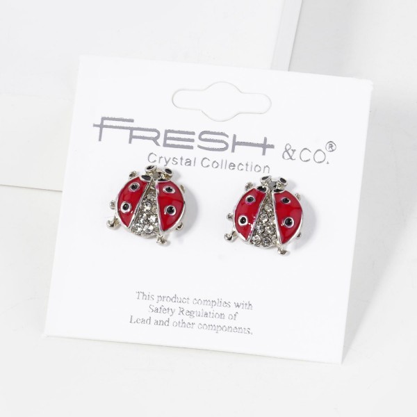 Wholesale enamel Lady Bug Stud Earrings Rhinestone Accents L