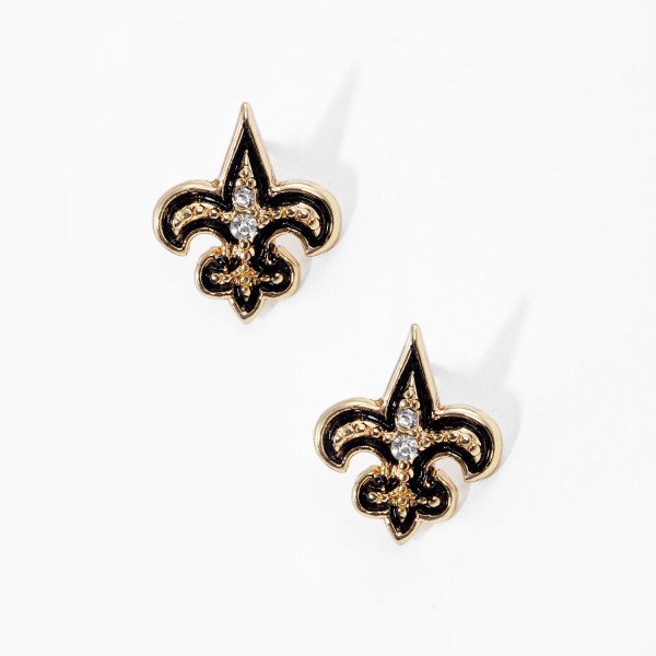 Wholesale enamel Fleur De Lis Post Drop Earrings Rhinestone Textured Metal Accen