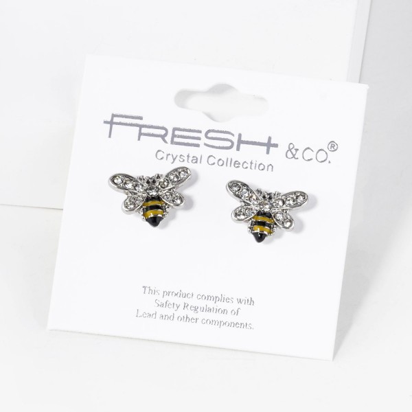 Metal Tone Bubble Bee Stud Earrings Featuring Rhinestone Accents 

- Approximately .5" L