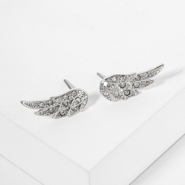 Wholesale rhinestone Studded Metal Angel Wings Post Drop Earrings L