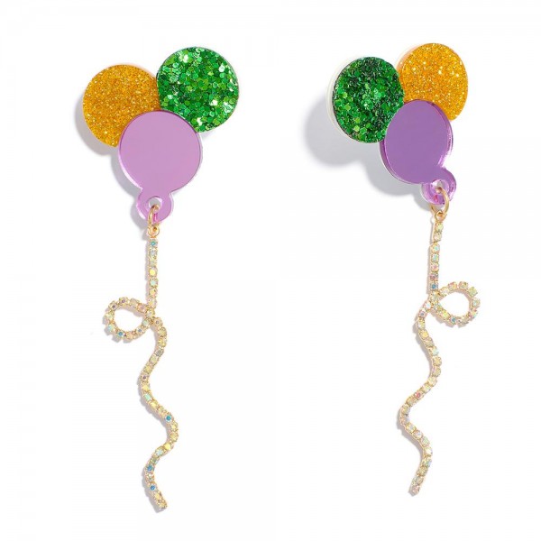 Wholesale glitter Acetate Mardi Gras Balloons Post Drop Earrings Rhinestone Stri