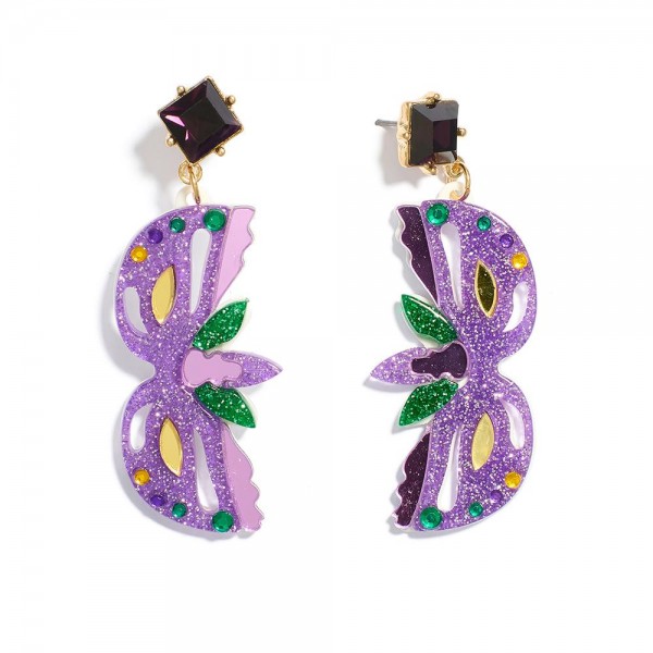 Wholesale glitter Acetate Mardi Gras Mask Post Drop Earrings L