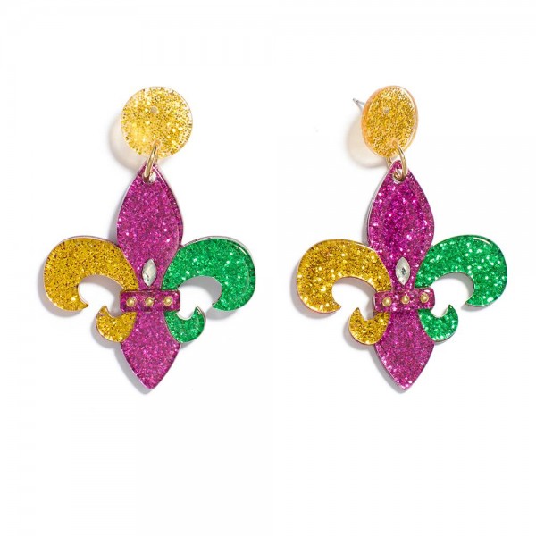 Wholesale glitter Acetate Fleur De Lis Post Drop Earrings L
