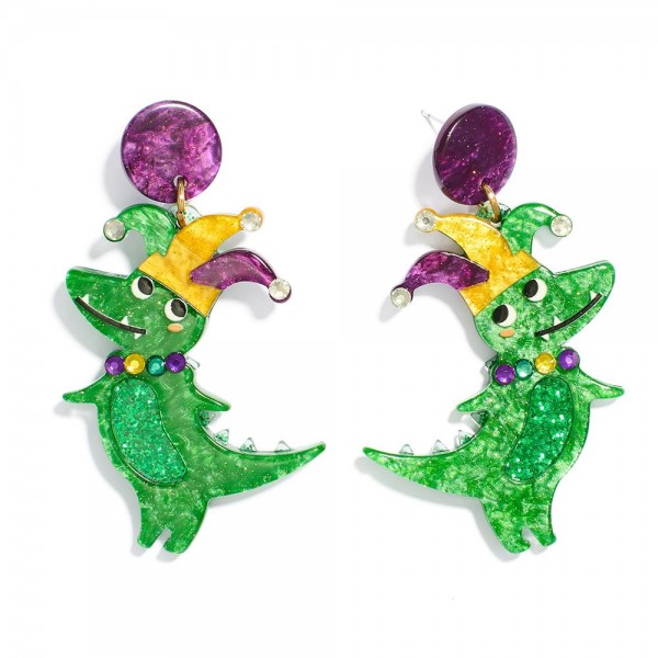 Wholesale glitter Acetate Mardi Gras Dinosaur Post Drop Earrings L