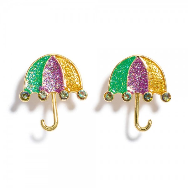 Glitter Enamel Mardi Gras Umbrella Post Drop Earrings 

Approximately 1" L