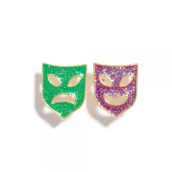 Glitter Enamel Mardi Gras Mask Post Drop Earrings 

- Approximately .75" L