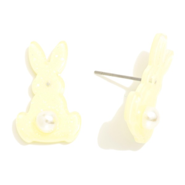 Glitter Acetate Easter Bunny Drop Earrings Featuring Pearl Tail Detail 

- Approximately 1" L