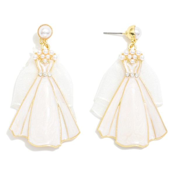 Enamel Wedding Dress Post Drop Earrings Featuring Pearls & Chiffon Accent 

- Approximately 2" L