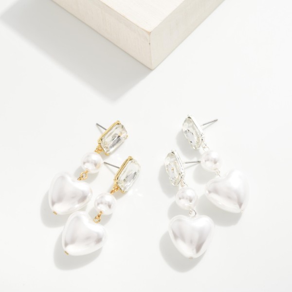 Rhinestone & Linked Pearl Heart Post Drop Earrings
- Approximately 2" L