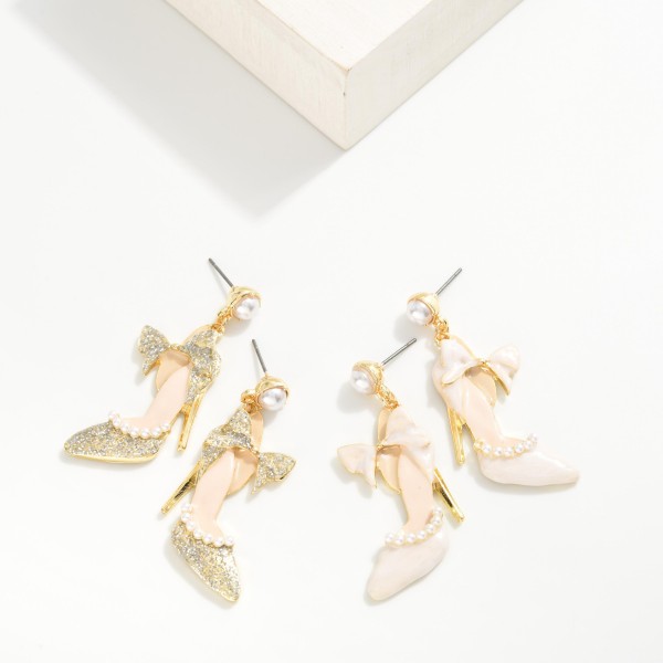Enamel High Heel Shoe & Bow Post Drop Earrings
- Approximately 1.75" L