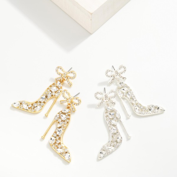 Rhinestone Studded High Heel Shoe & Bow Post Drop Earrings
- Approximately 1.75" L