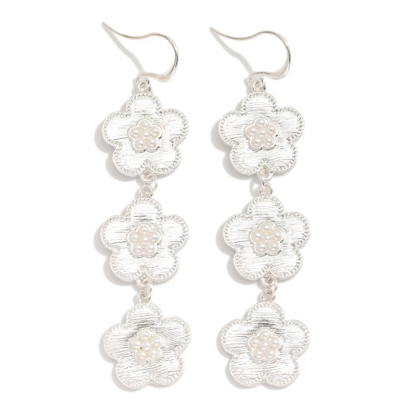 Wholesale linked Brushed Metal Flowers Drop Earrings Pearl Accents L