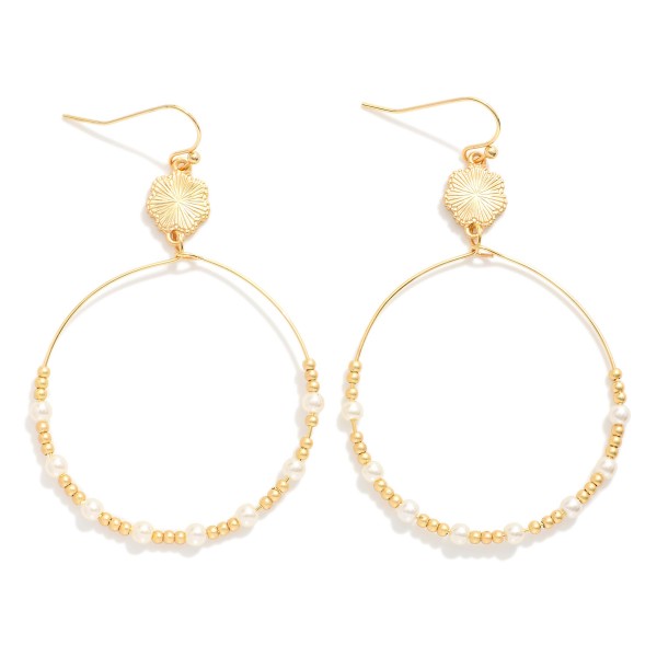 Metal Tone & Pearl Beaded Wire Hoop Drop Earrings Featuring Linked Textured Flower Detail 

- Approximately 2.25" L