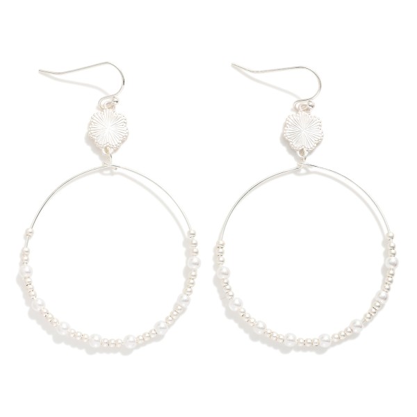 Wholesale metal Pearl Beaded Wire Hoop Drop Earrings Linked Textured Flower Deta