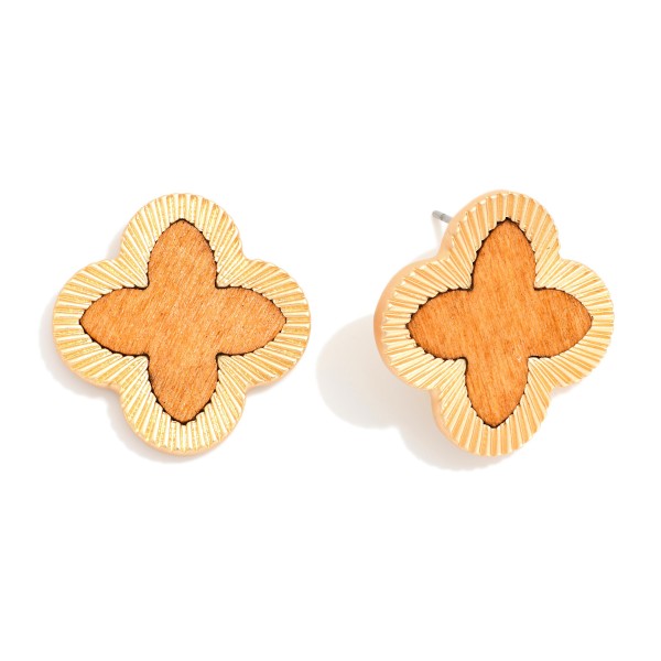 Wholesale wood Clover Post Drop Earrings Textured Metal Border L