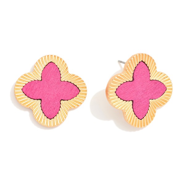 Wholesale wood Clover Post Drop Earrings Textured Metal Border L