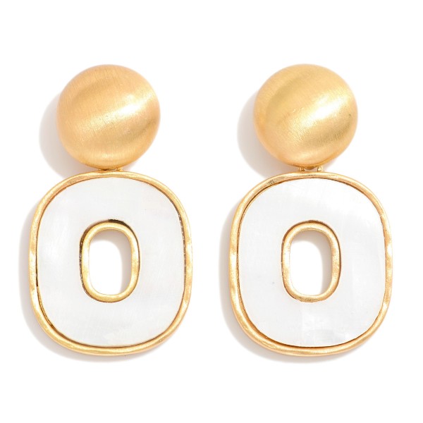 Brushed Metal Dome Post Drop Earrings Featuring Linked Pearlescent Rounded Square 

- Approximately 1.5" L