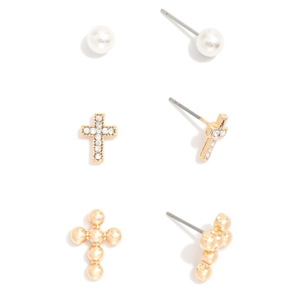 Wholesale set Three Metal Cross Earrings Pearls Rhinestones