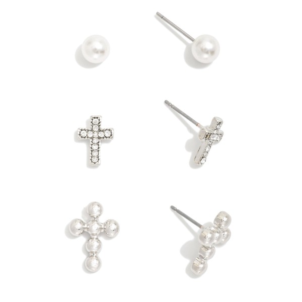 Set Of Three Metal Tone Cross Earrings Featuring Pearls And Rhinestones